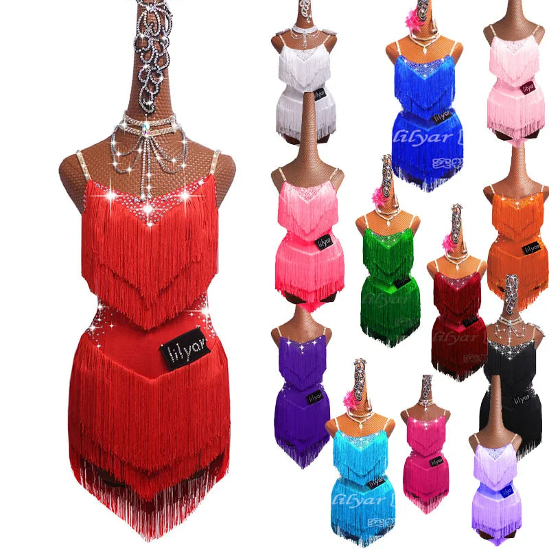 Latin Dance Dress Competition Costumes Skirt Performing Rhinestones Adult Children Tassel Various Color Red White